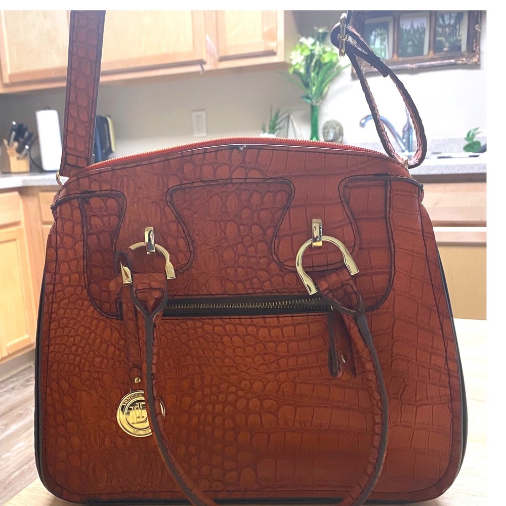 London Fog Burnt Orange Croc Embossed Satchel Crossbody Bag Gold Tone Hardware